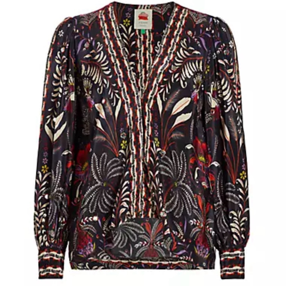 Farm Rio NWT Garden Print Black Long Sleeve Floral Mirror Beaded Button Blouse - Picture 3 of 14